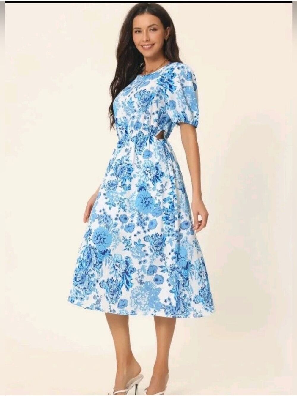 💙🤍 Seta T Blue & White Floral Puff Sleeve Midi Dress with Pockets 🤍💙